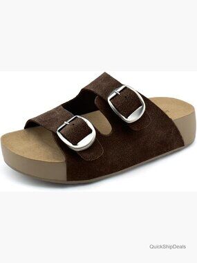 Genuine Suede Leather Platform Sandals with Arch Support Double Buckle Slide